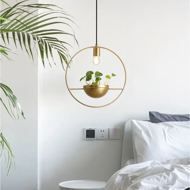 nordic pot culture pendant lamp fixture modern golden metal ring hanging light luminaire lamparas de techo colgante moderna deco