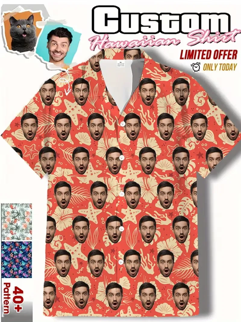 

Personalized Photo Hawaiian Shirt Custom Face Print Tropical Starfish Pattern Men's Short Sleeve Aloha Shirt for Gifts Vacation