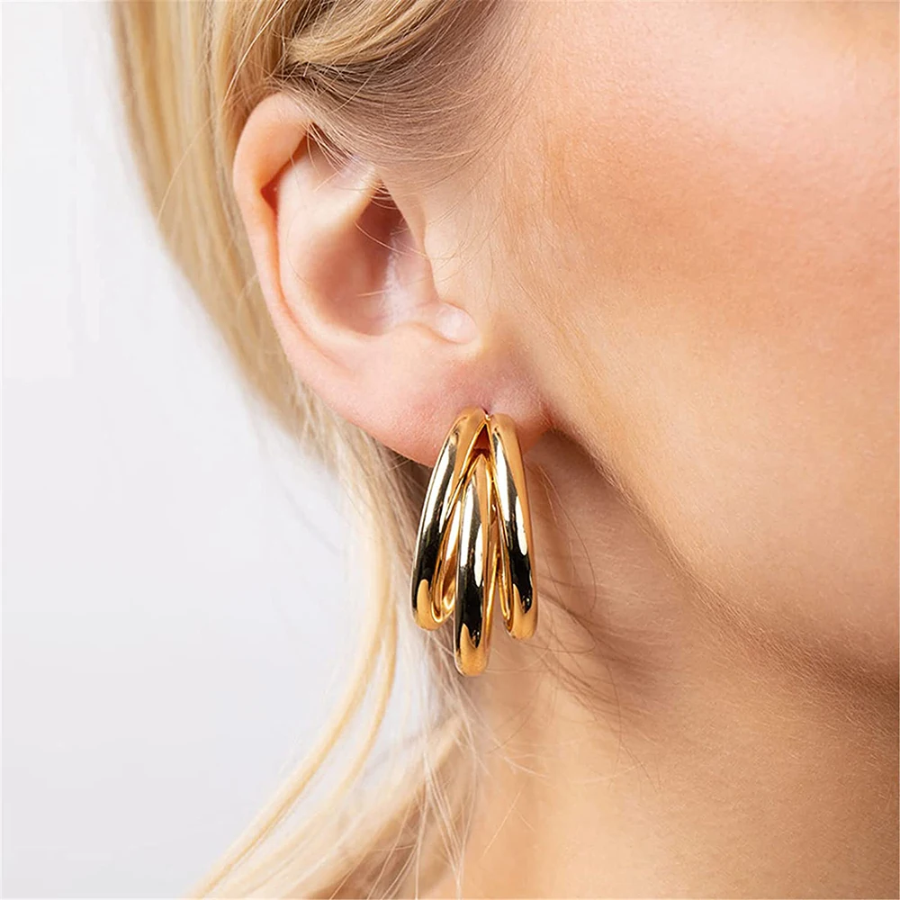 Korean Fashion Hoop Earrings for Women Three-layer Hoops Big Thick Round Earrings 925 Silver Needle Ear Piercing Jewelry