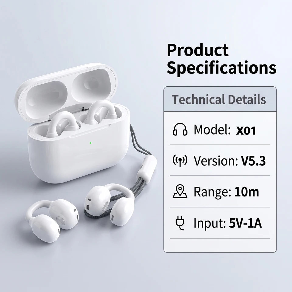 New TWS Clip On Bone Conduction Earphones Bluetooth 5.3 Wireless Earbuds Digital Display Comfort Sport Headsets for Running Smar