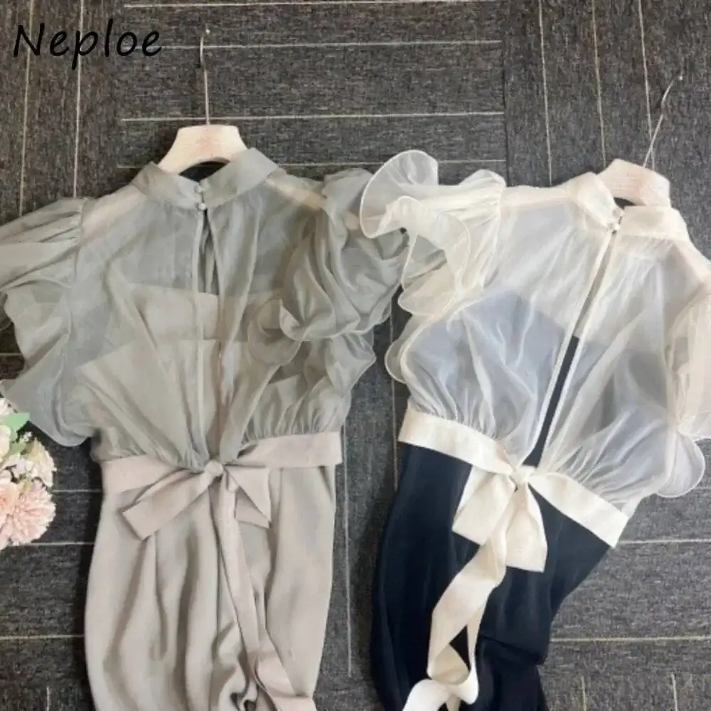 Elegante fino celebridade meia manga gola mujer chiffon fungo retalhos blusa japão estilingue sólido novo vestido