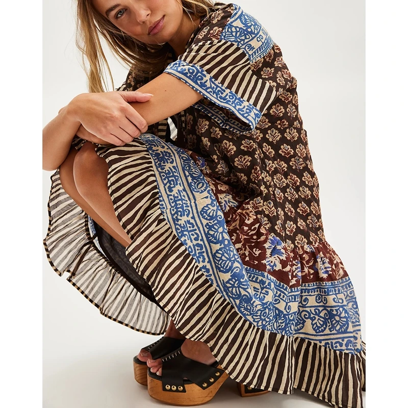 Minivestido Babydoll floral bohemio para mujer Y2k, manga abombada, volantes, dobladillo fluido, pantalón corto informal, lindo vestido veraniego de retazos con cuello en V de verano