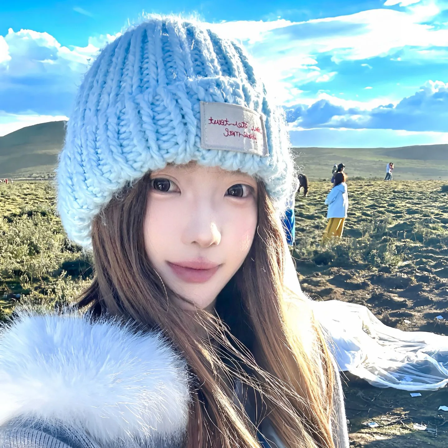 

Patchwork Blue Chunky Knit Wool Beanie for Women Versatile Autumn Winter Hat Ears Protected Warm Soft