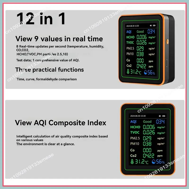 N94R 12 In 1 Air Quality Monitor PM2.5 PM10 Particle Counter With Alarm CO Detector CO Meter For Home Office Or School