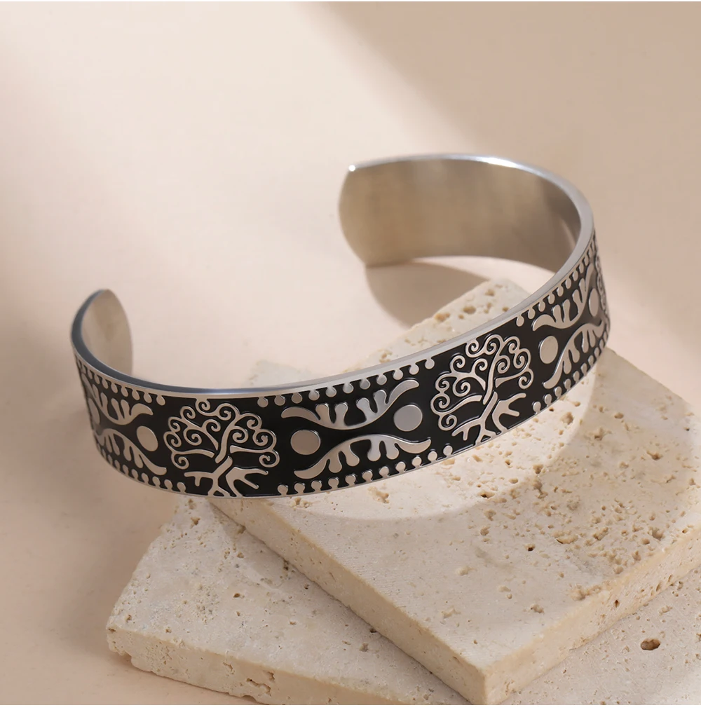 COOLTIME Vintage Muster Armband Edelstahl Blume Wort Baum Persönlichkeit männer Manschette Armreif Schmuck Zubehör – Detail 9