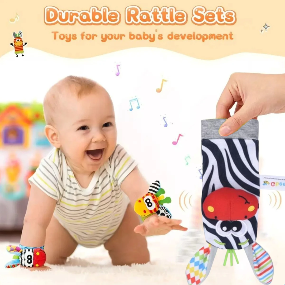 0～12ヶ月の赤ちゃん用ガラガラ靴下おもちゃ、新生児用漫画風ぬいぐるみ靴下、リストストラップ、足探しとリストガラガラおもちゃ