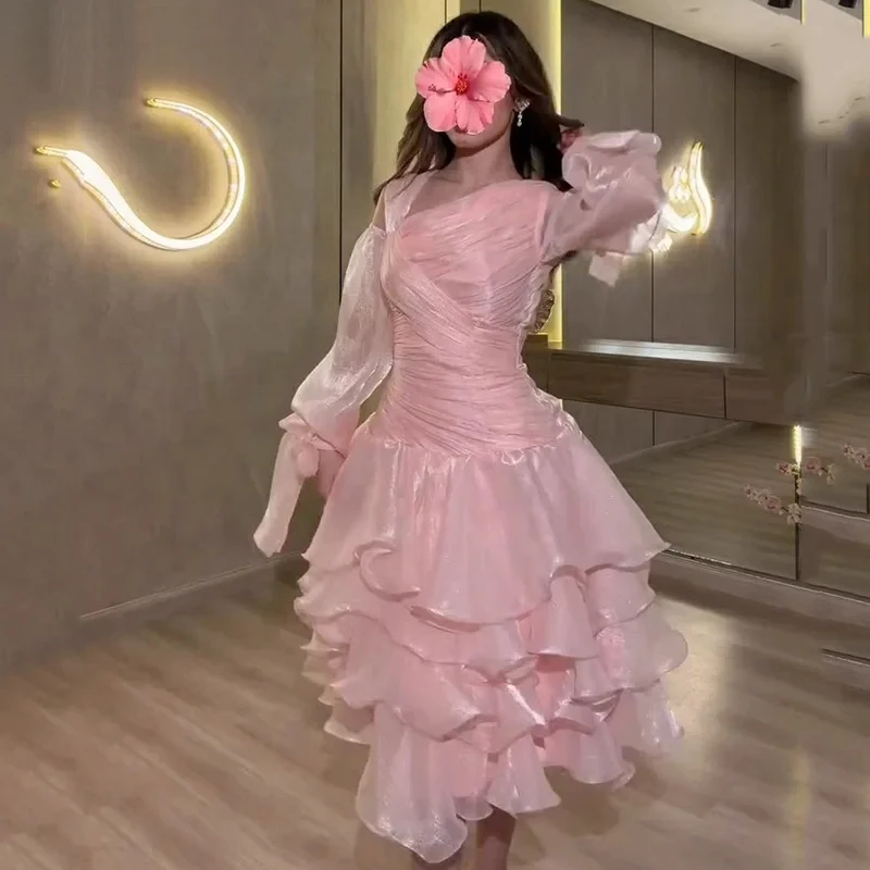 

Elegant Pink A Line Prom Dresses Asymmetric Ruched Tiered Midi Birthday Evening Dress Customized MCDV