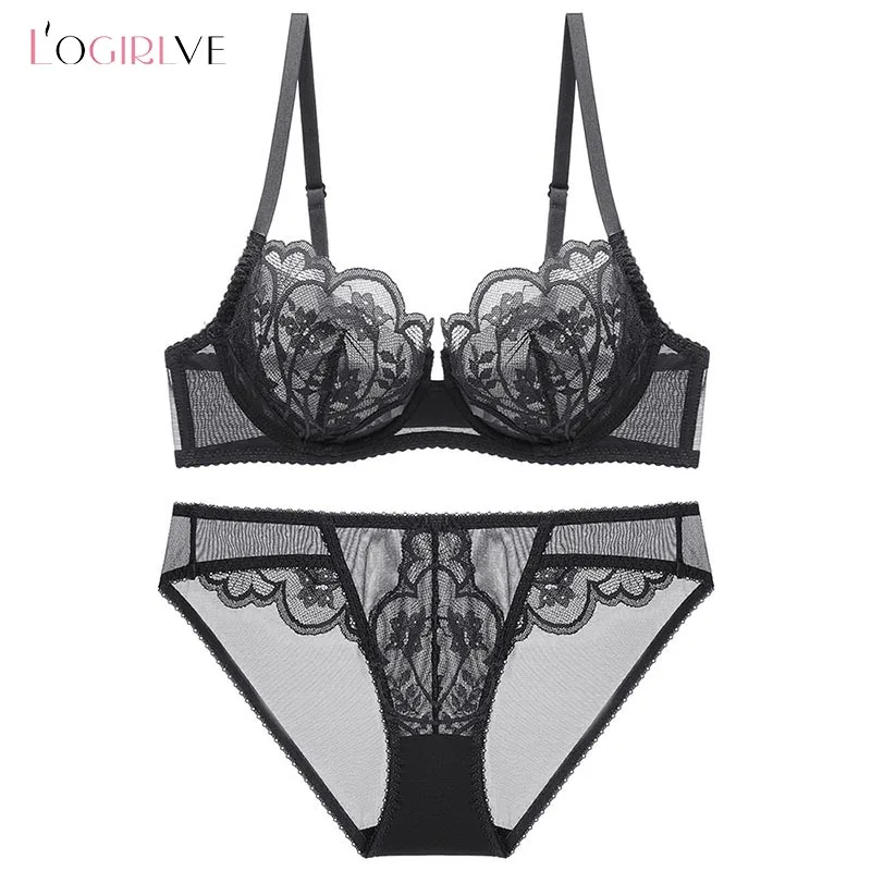 Logirlve Ultrathin Transparent Underwear Set Net yarn Brassiere Red Women Lingerie Sexy Plus Size CD Cup Bra Set Lace Embroidery