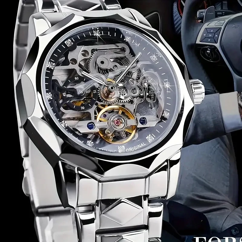 Luxurious and Sophisticated Mechanical Automatic Men's Watch - Featuring a Hollow Design with Diamond Embellishments, Round Alloy Dial, Stainless Steel Strap, 30m Water Resistance, Business-Style Timepiece - Ideal Gift, No Battery Needed