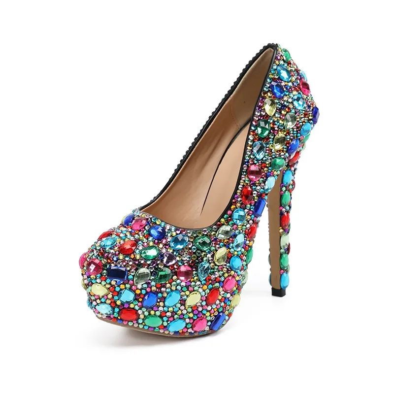 Sexy Fashion Women's Pumps Rhinestone Platform Wedding Thin Heels Round Toe Shallow Party Blue Pole Dancing Woman Shoes