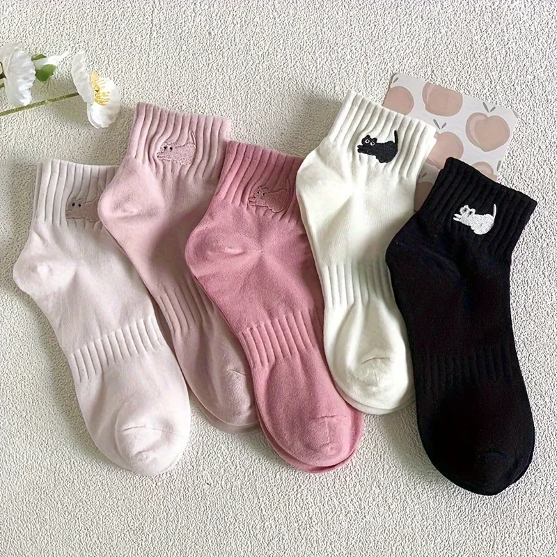 Chaussettes courtes brodées de chat pour femmes, style mignon, bas et bonneterie, 1 paire