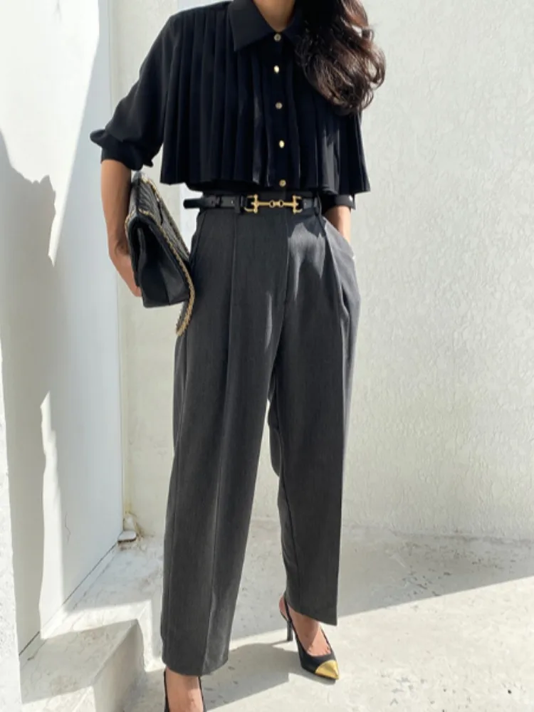 

Chic Vintage Long Sve Women's irt Heavy Embellied Loose Fit Turn-down Collar Versatile Autumn Faion Ele Sle