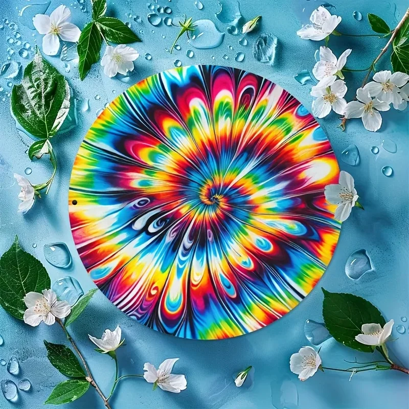 2D Flat - 1pc of 2D Flat Print, 8X8 Inches (20X20 Cm) Round Metal Sign with a Tie-Dye Design, Suitable for Decorating Walls in a