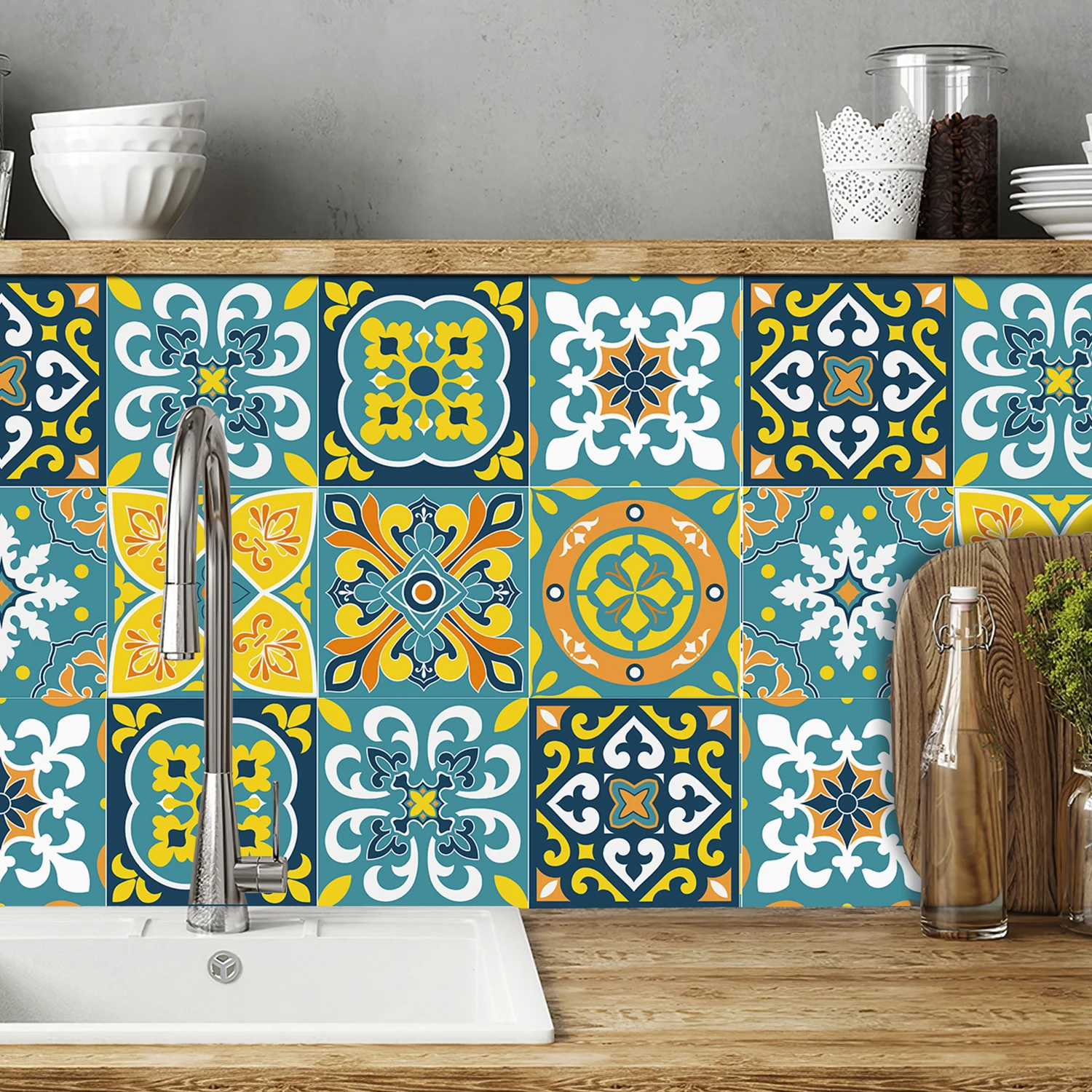 10 pcs/pack, Golden pattern style PVC Self-Adhesive Tile Stickers - Waterproof, Oil-Proof, Easy to Clean for Home Decoration