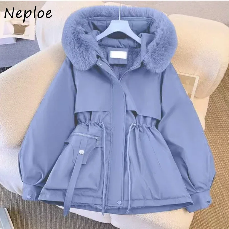 Neploe 2024 New Warm Fur Collar Loose Korea Parkas Lace Up Slim Waist Drawstring Literary Coat Hong Kong Style Vintage Jacket