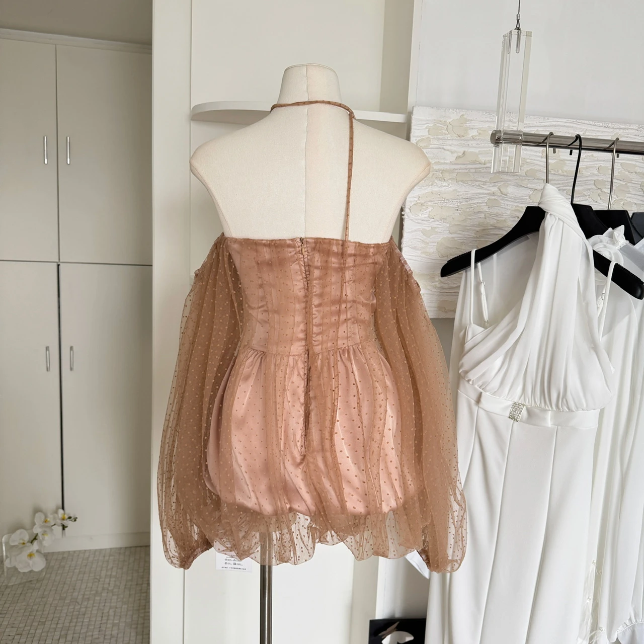 Feminino chique duas camadas bolinhas guaze fora do ombro mini vestido senhora primavera verão high street holliday festa vestido de manga longa