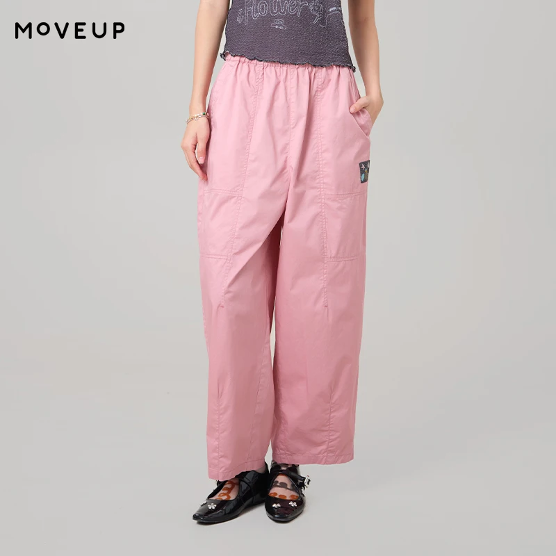

MOVEUP Casual Straight Pants 2026 Summer New Pure Cotton Elastic Waist Woven Label Pocket Breathable Pants For Women 3ELX20121