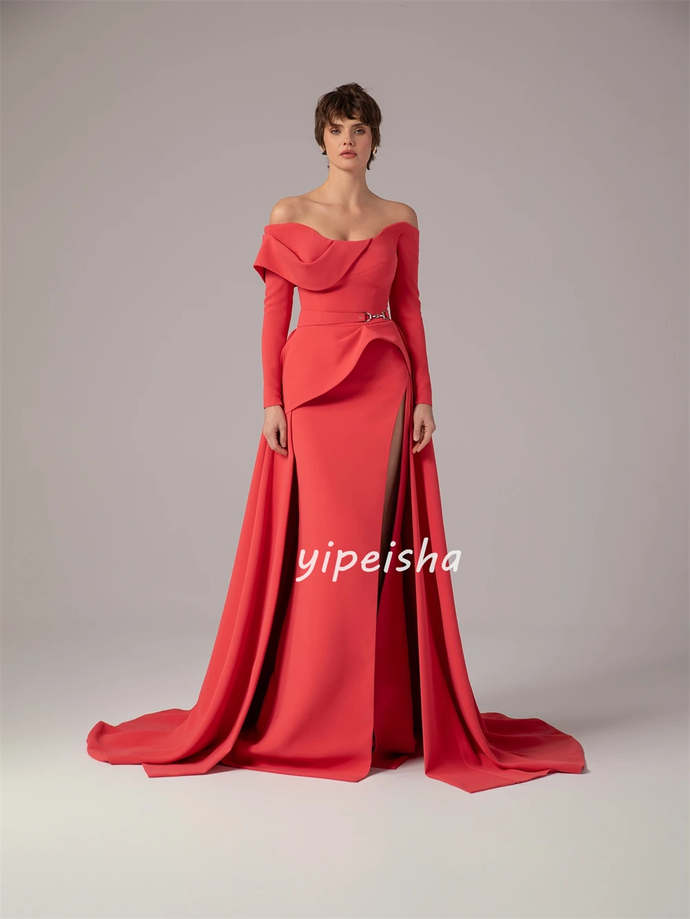 تخصيص جودة عالية أنيقة جيرسي وشاح Ruched ألف خط خارج على الكتف فساتين طويلة فساتين مناسبة مخصصة الأحجام المتاحة #2