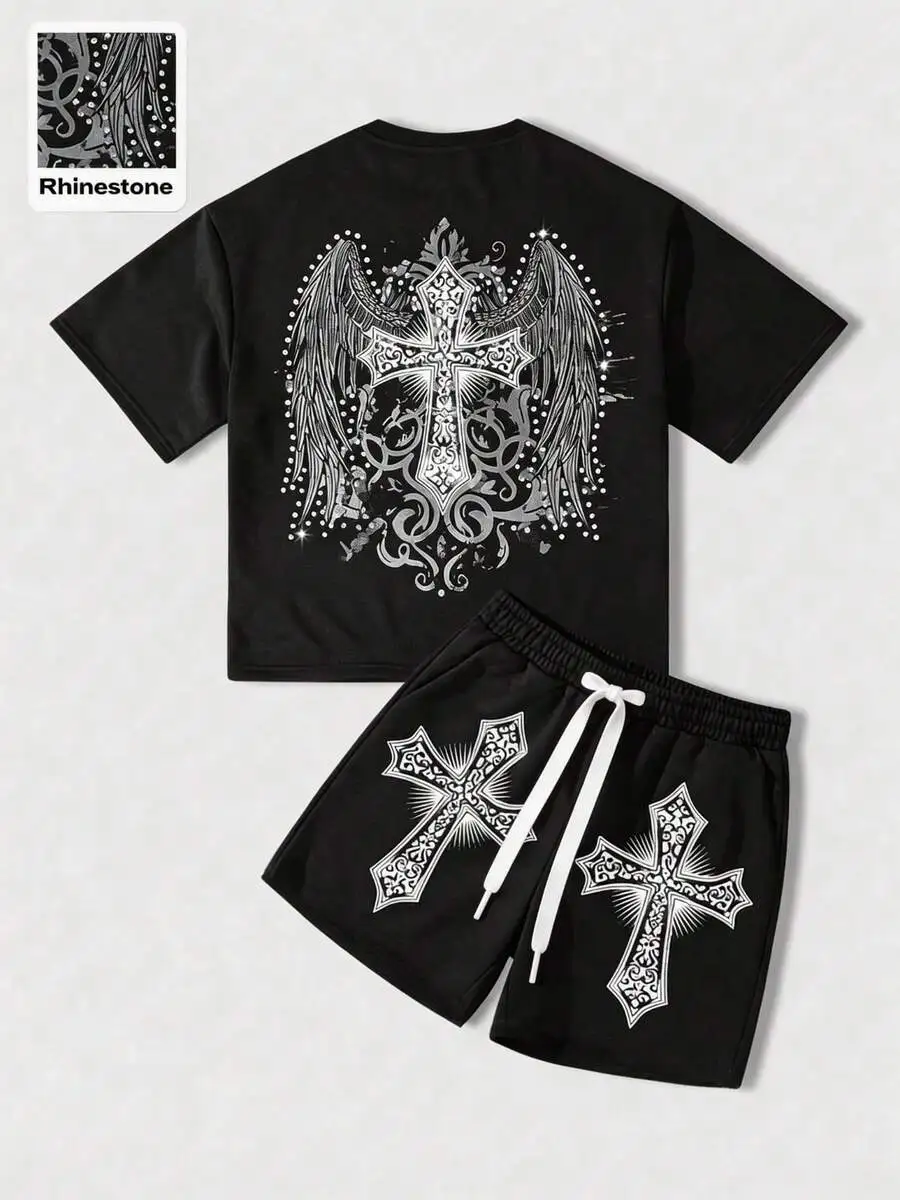 

Mens Black Cotton Wing Cross Graphic Tee And Shorts Set Casual Summer Outfit
