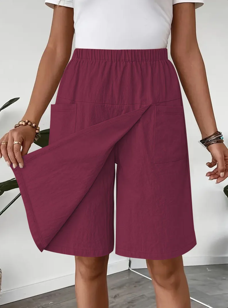 Novas calças de saia com fenda europeia e americana calças casuais para mulheres no verão casual solto cor sólida calças de cinco pontos de perna larga