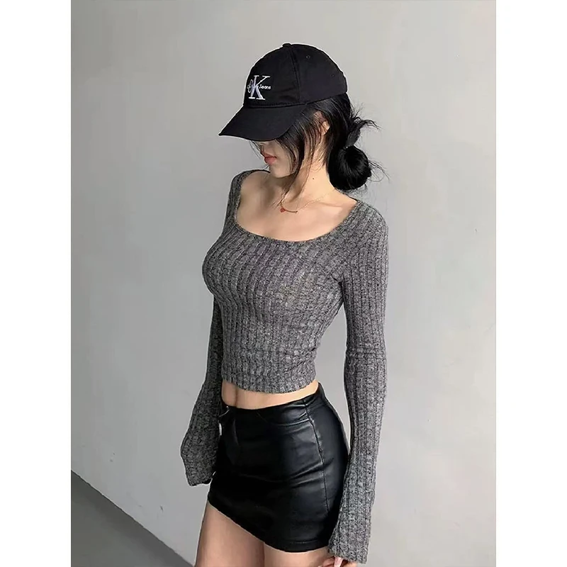 

MosesQueen Square Collar Knitted Sweater Women's Slim Fit ort Sle Inner Wear Autumn Winter Faion Ladies Top