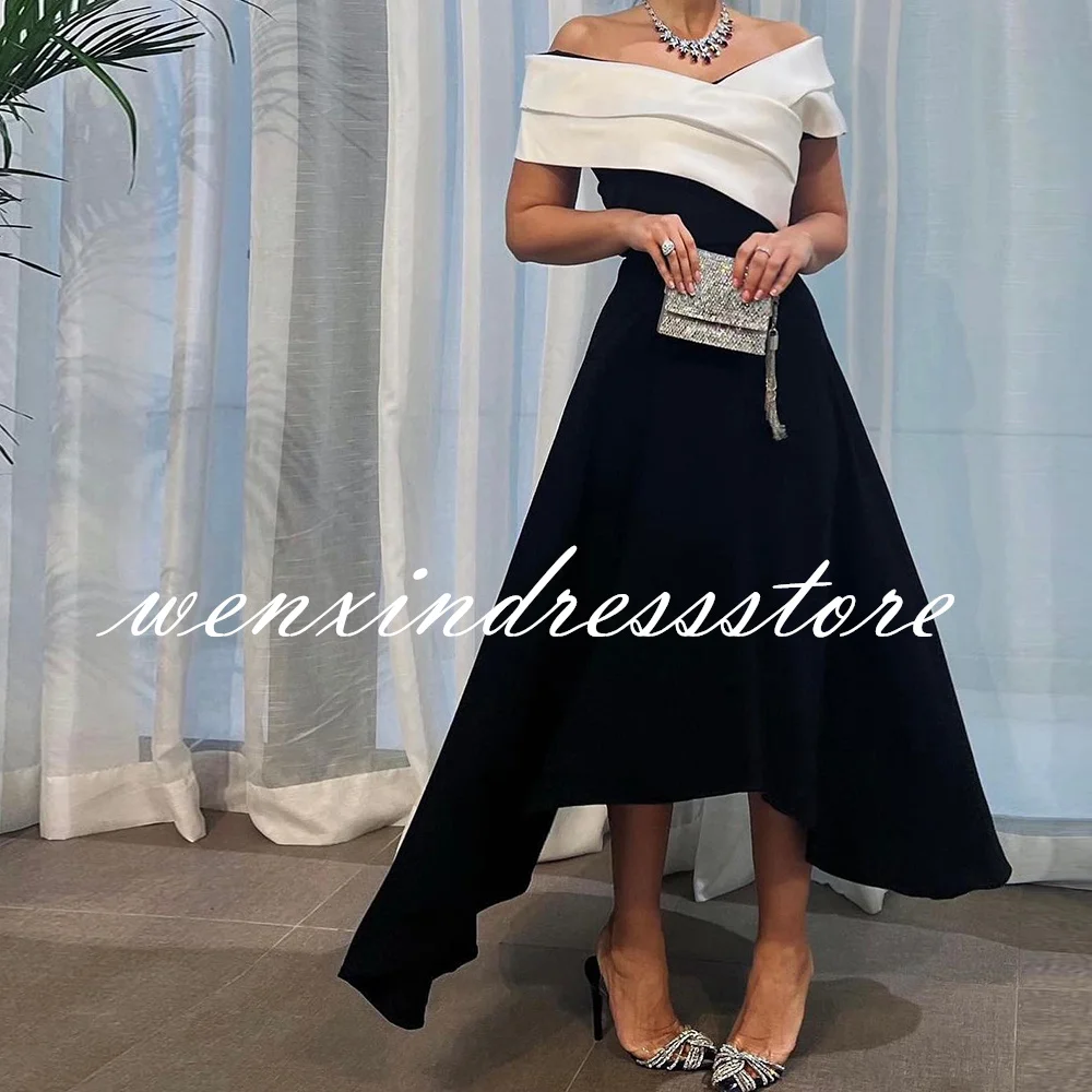 Simple A-Line Black Tea Length Evening Dress Formal Off the Shoulder Jersey Short Sleeves Pleats Saudi Arabia Party Grows