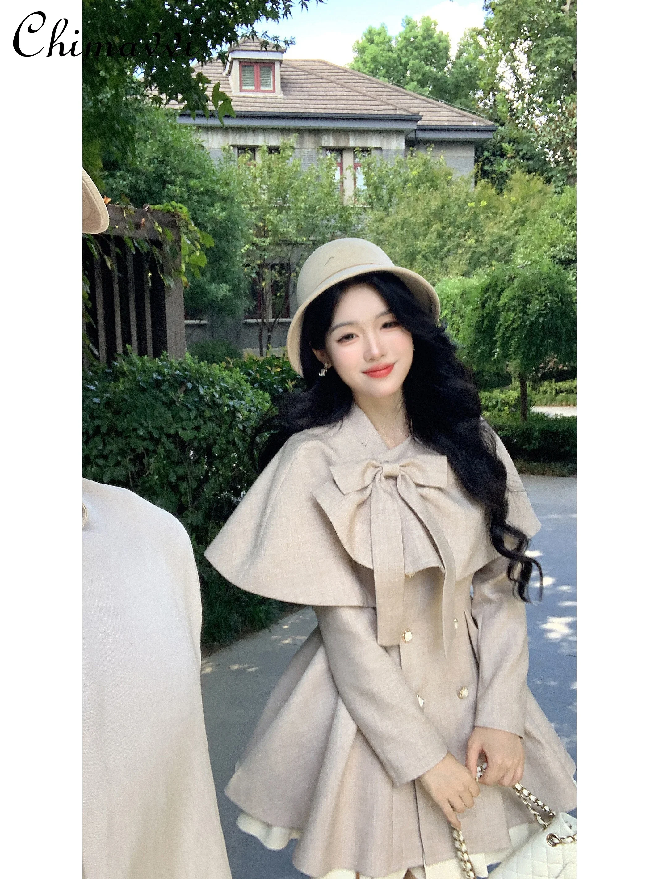 Sweet Girls Women Retro Shawl Cape Coat French Elegant Princess Long Sleeve Slim Mini Dress Two-piece Set Women Autumn New