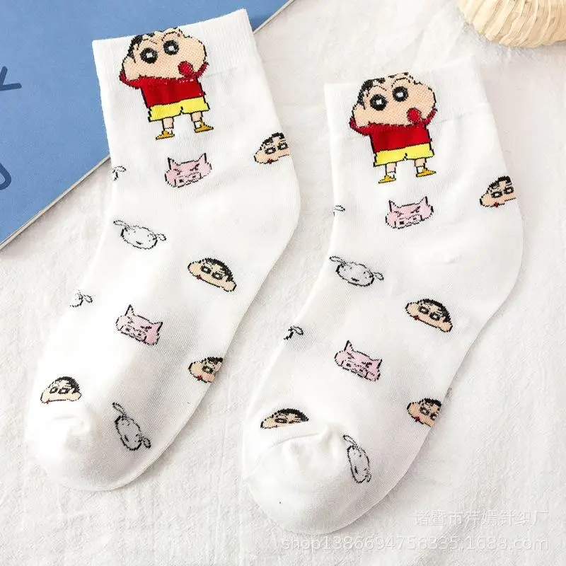 Anime Cartoon Crayon Shin-Chans Socks Pure Cotton White Mid Length Socks Couple Style Ins Cute Girl Birthday Gift For Girlfriend