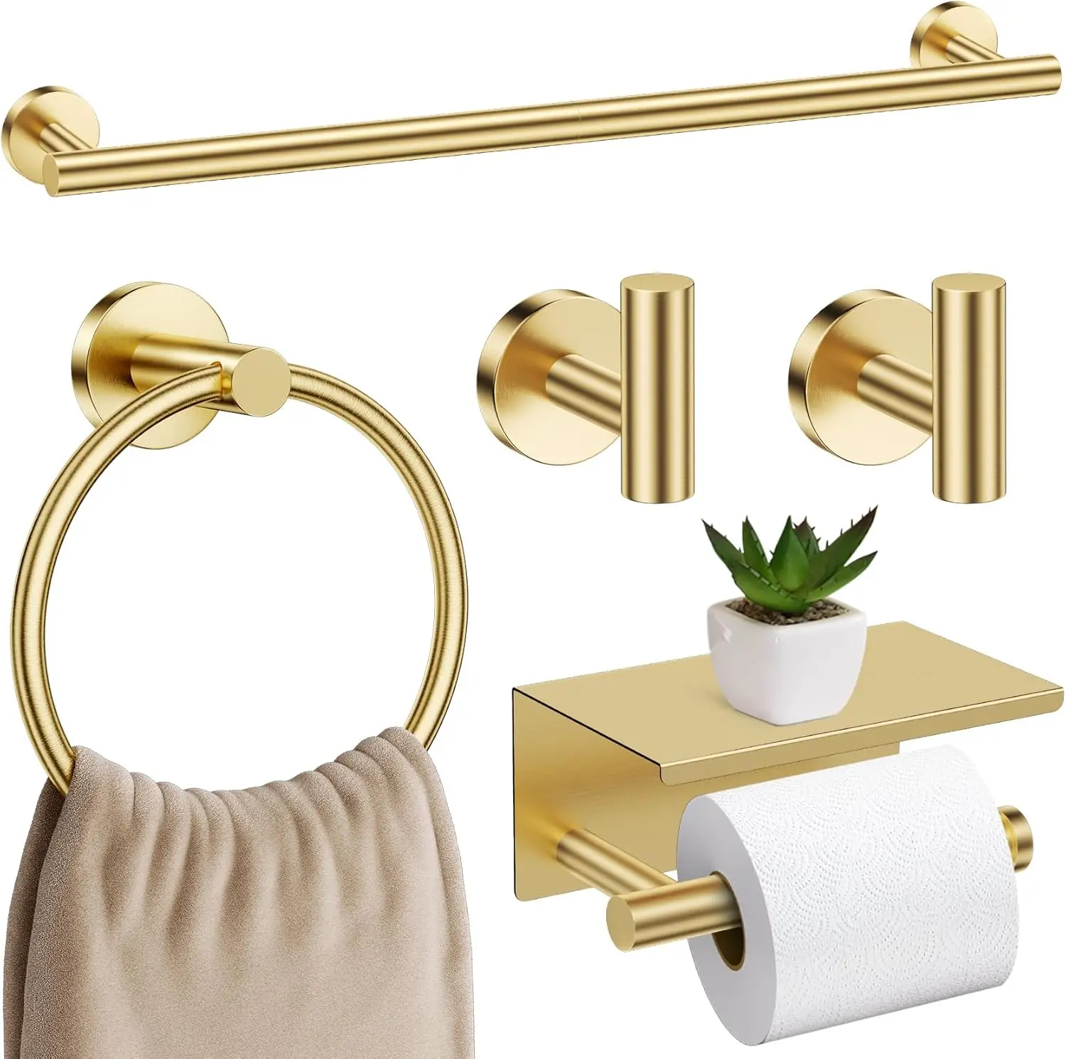 

5-Piece Brushed Gold Bathroom Hardware Set with Towel Bar, Toilet Paper Holder & Shelf