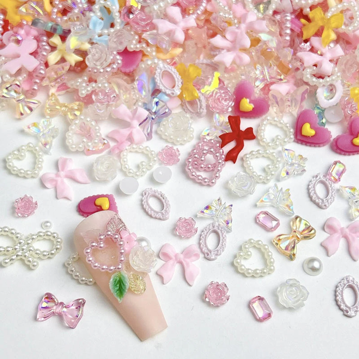 100개 랜덤 믹스 플라워 네일 참 스윗 레진 플랫백 문 네일 아트 데코레이션 액세서리 매니큐어 DIY