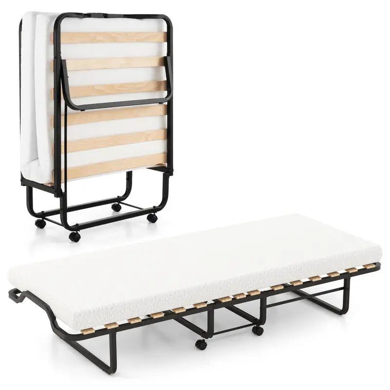 Folding Bed With 4 Inch High Density Foam Mattress, No Assembly Portable Rollaway Guest Bed With Lockable Wheels, Silent Stable Frame For Camping, Office Nap, Small Apartment, Space Saving Compact Design