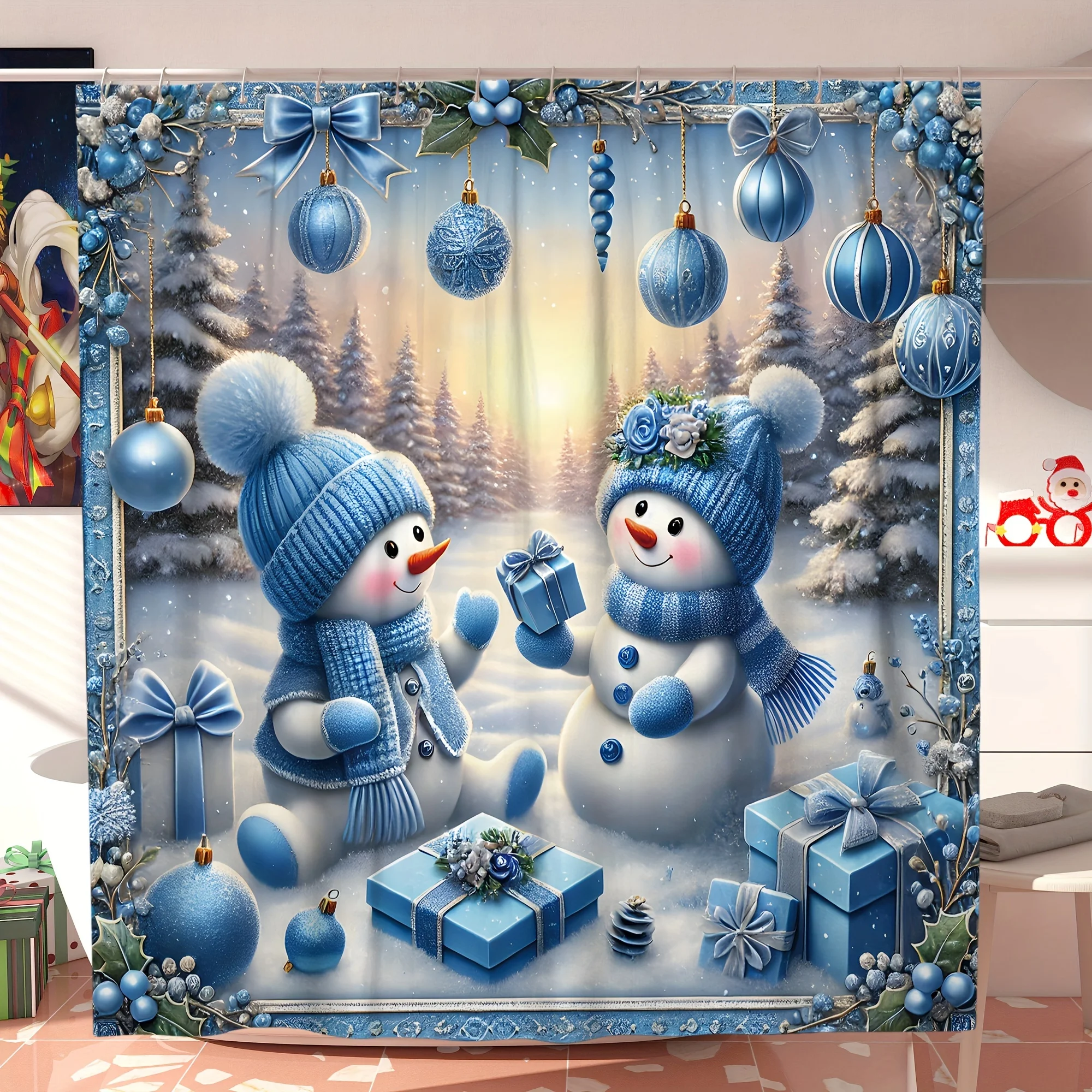 4PCS Christmas Winter Shower Set, Snowman & Ornament Gift Blue Print, 12 Hooks, Non-Slip Mat, U-Seat Cover, Holiday Decor