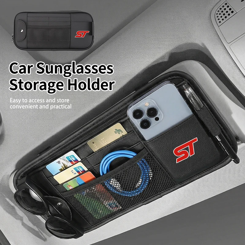 

Car Sun Visor Organizer Sunglasses Holder Card Clip Bag Accessories For Ford ST Line Racing RS S Kuga Fiesta Fusion Mondeo Edge