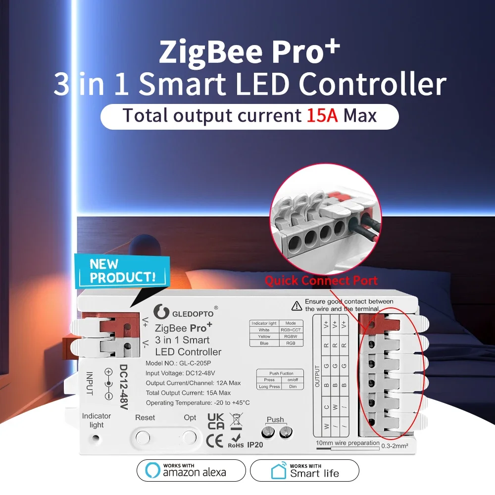 GLEDOPTO GL-C-205P ZigBee3.0 LED Controller Pro Plus 3 Modes in 1 RGBCCT RGBW RGB DC 12-48V 15A Max PWM Dimming LED Strip Alexa