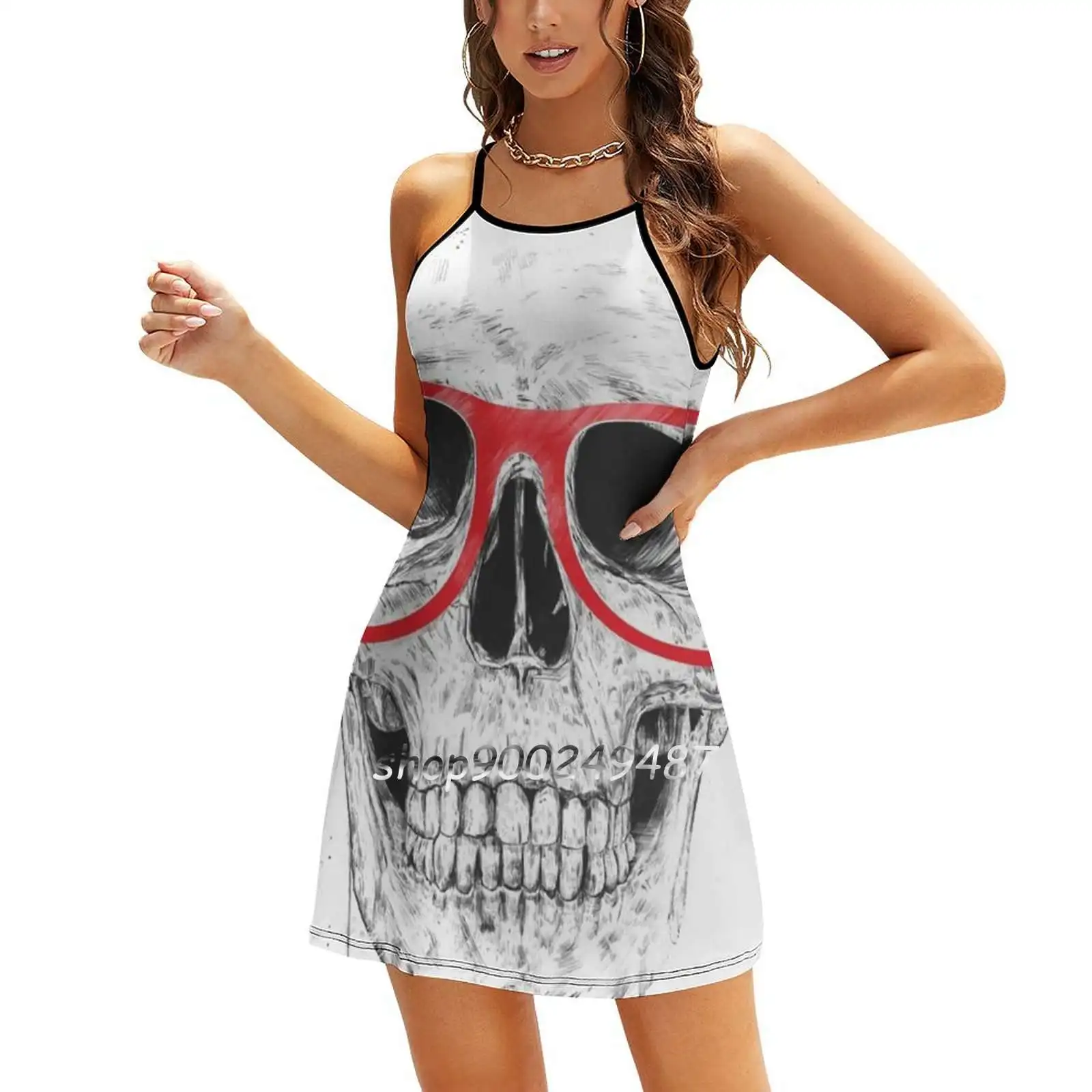 Skull With Red Glasses Dresses For Women A-Line Korea Style Slim Long Sleeve Dress Skull Glasses Portrait Grunge Humor Funny