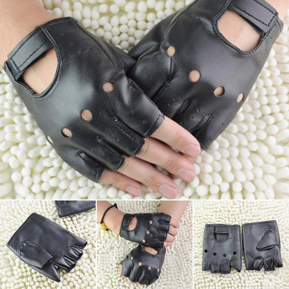 1Pair PU Leather Gloves Outdoor Black Motorcycle Driving Gloves Fingerless Tactical Gloves Hollow Out Half Finger Climbing Glove