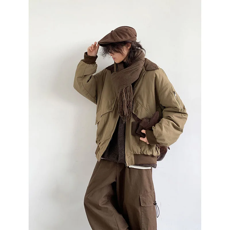 Autumn Winter Cargo Set Men Retro Loose Thick Cotton Jacket+Solid Color Baggy Wide Leg Casual Pants Japanese Street Unisex Suit