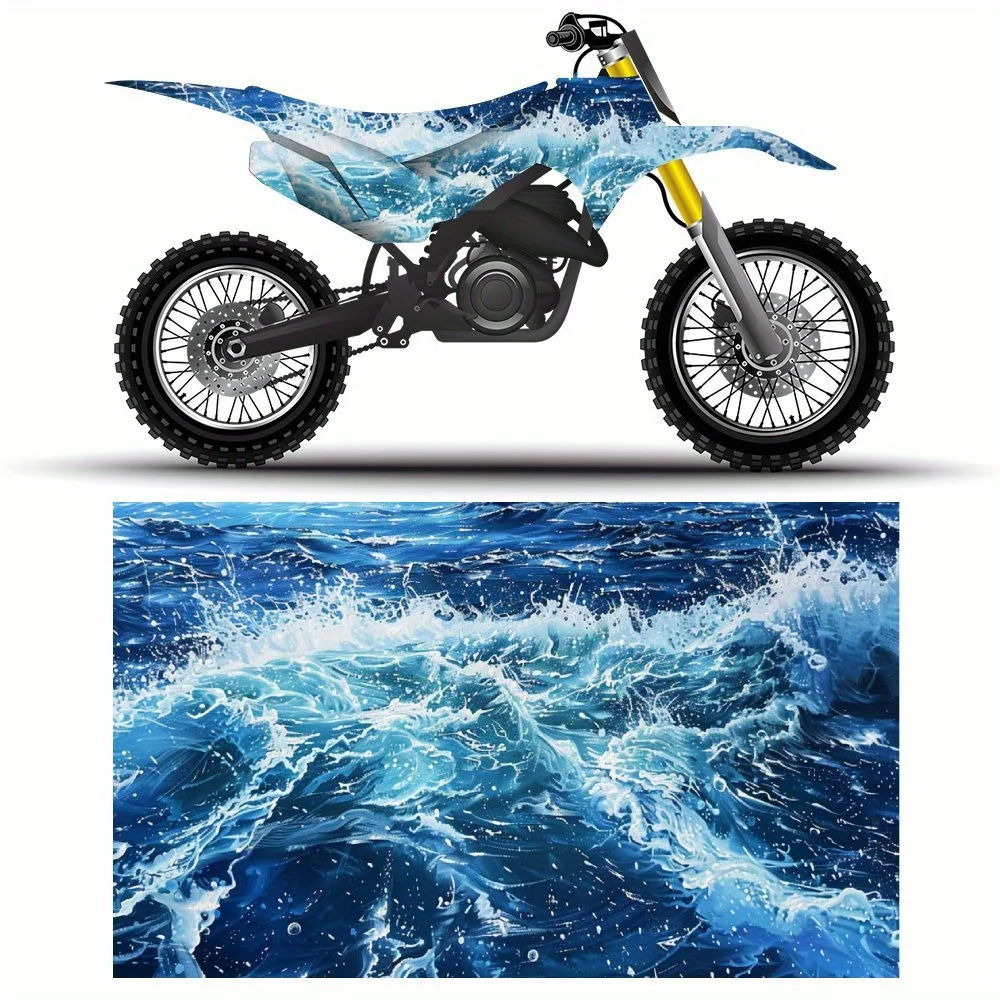 

Azure Surf Pounding, Lacy Bubbles Forming, Primal Sea Energy，Motorcycle Vinyl Wraps Stickers, Splash Proof Decals, Removable Adh