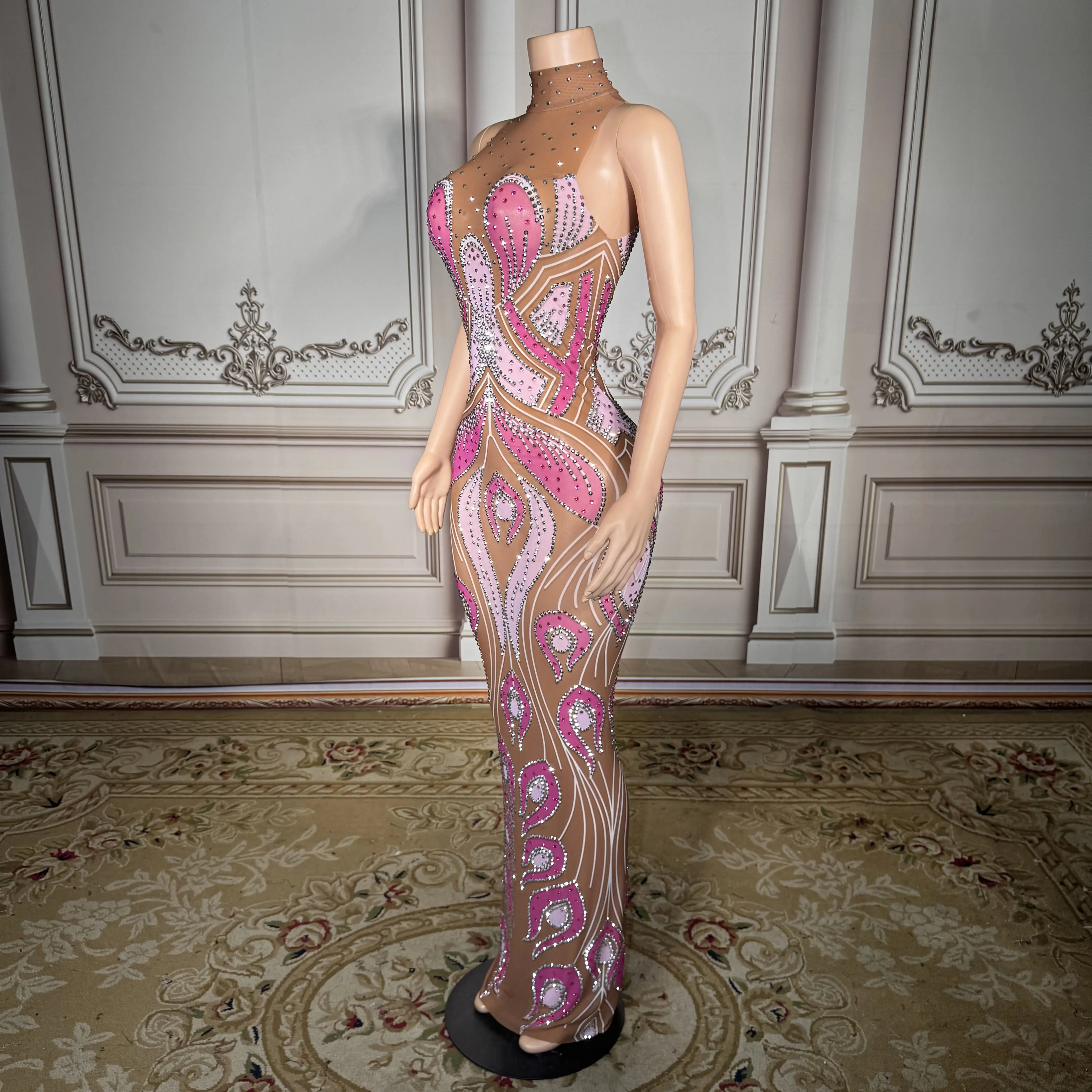 ZD Glamour Robe longue sirène en cristal rose – Robe de soirée moulante transparente sans manches avec strass pour femme,