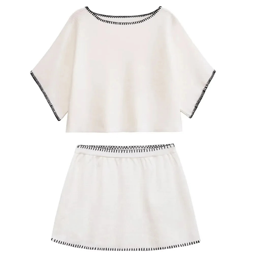Frauen Elegante Stickerei Kurze Set Patchwork Halbe Hülse Top Mini Rock Set Herbst Urlaub Rock Set Frauen Kleidung 2142121
