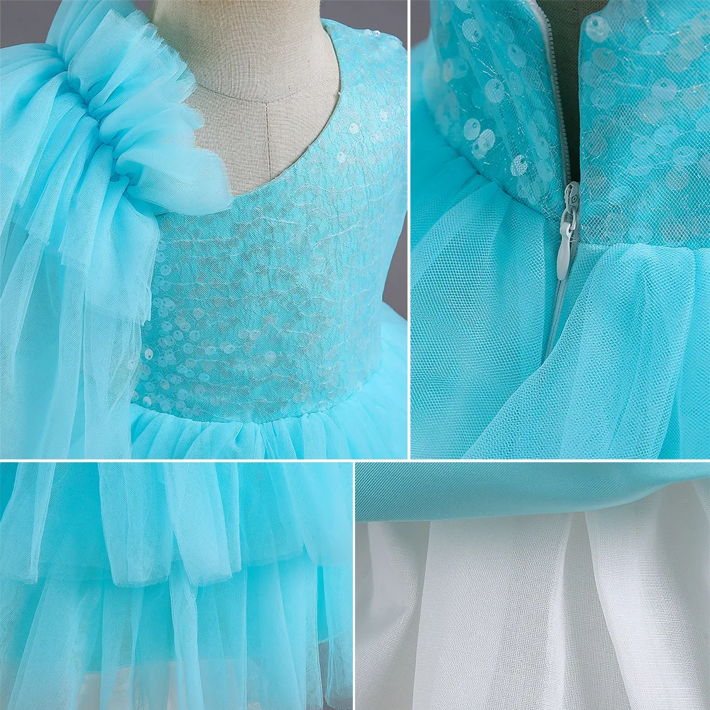 ELBCOS 4-14T Kid Girls Sequin Solid Color No-Sleeve One Shoulder Lace Flower Skirt Organza Piano Costumes Evening Full Dress