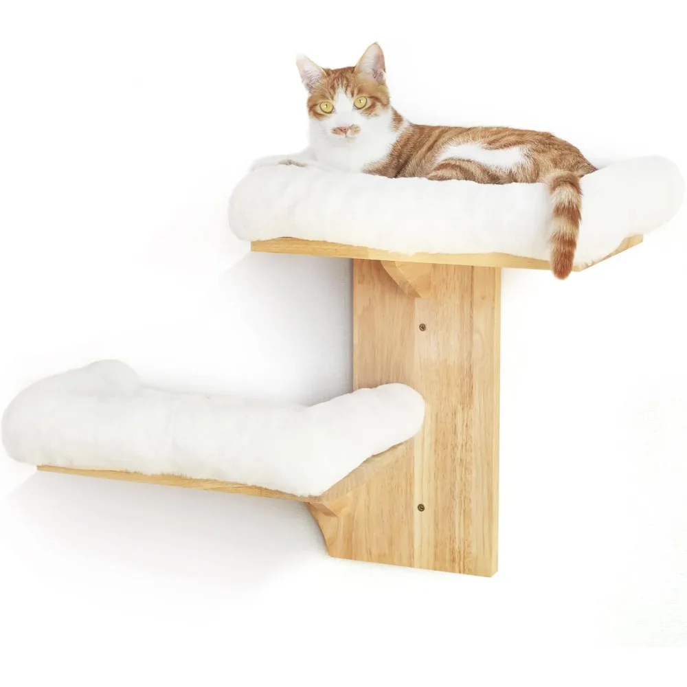 

FUKUMARU Cat Wall Shelves, 2 Platform Cats Walls Furniture, Tree Shape Kitten Floating Shelf with Soft Cushion Perch, Solid Rubb