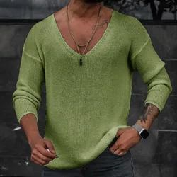 Men 2023 Spring V Neck Rib Bottoming T-shirts Pullover Autumn Long Sleeve Slim Fit Tees Tops Simple Casual Plain Thin Knit Shirt