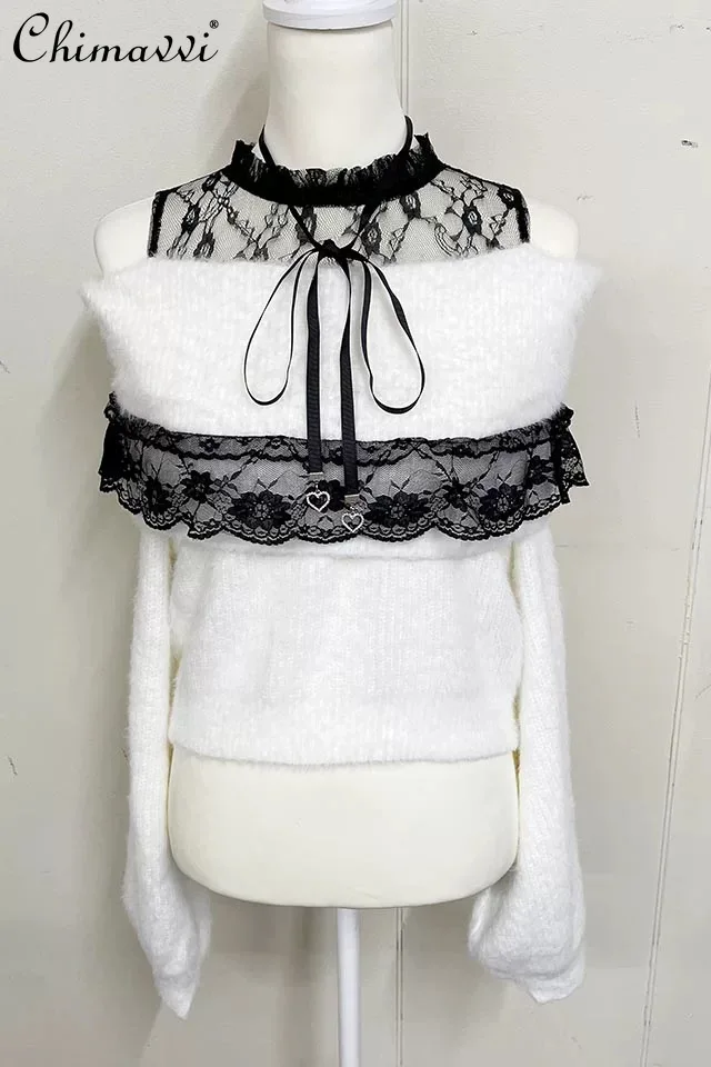 

Autumn Sweet Girl Imitation Mink Fur Fluffy Off-Shoulder Lace Patchwork Sweater Fashion Round Neck Loose Pullover Knitted Top