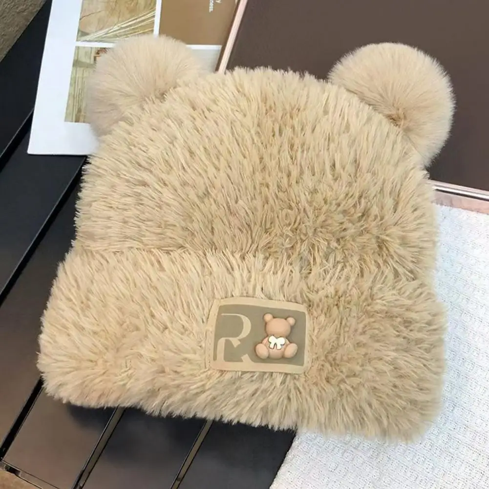 Elastic Knit Cap Solid Color Hat Cozy Women's Winter Knitted Hat with Bear Ear Decor Windproof Warm Cold for Women for Extra