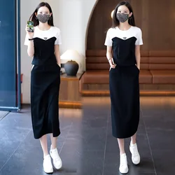 Sports and Leisure Dress Women's Two-piece Set 2024 Summer New Fashion Age-reducing Short-sleeved Medium and Long Skirt Set
