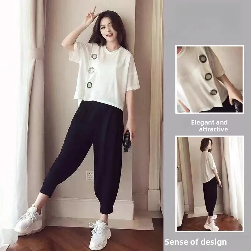 

Loose Short Sleeve T-Shirt And Harlan Pants Two-Piece Set plus Size Women's Summer Fashion Outfit Brand Tag Cut Large Size