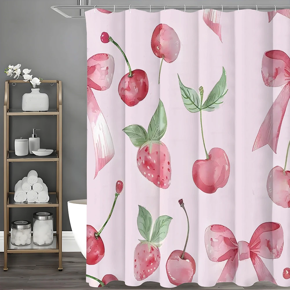 

Занавеска для душа с розовым вишневым клубничным бантом, декоративная занавеска для душа в ванной комнате, водонепроницаемая занавеска для душа с крючками