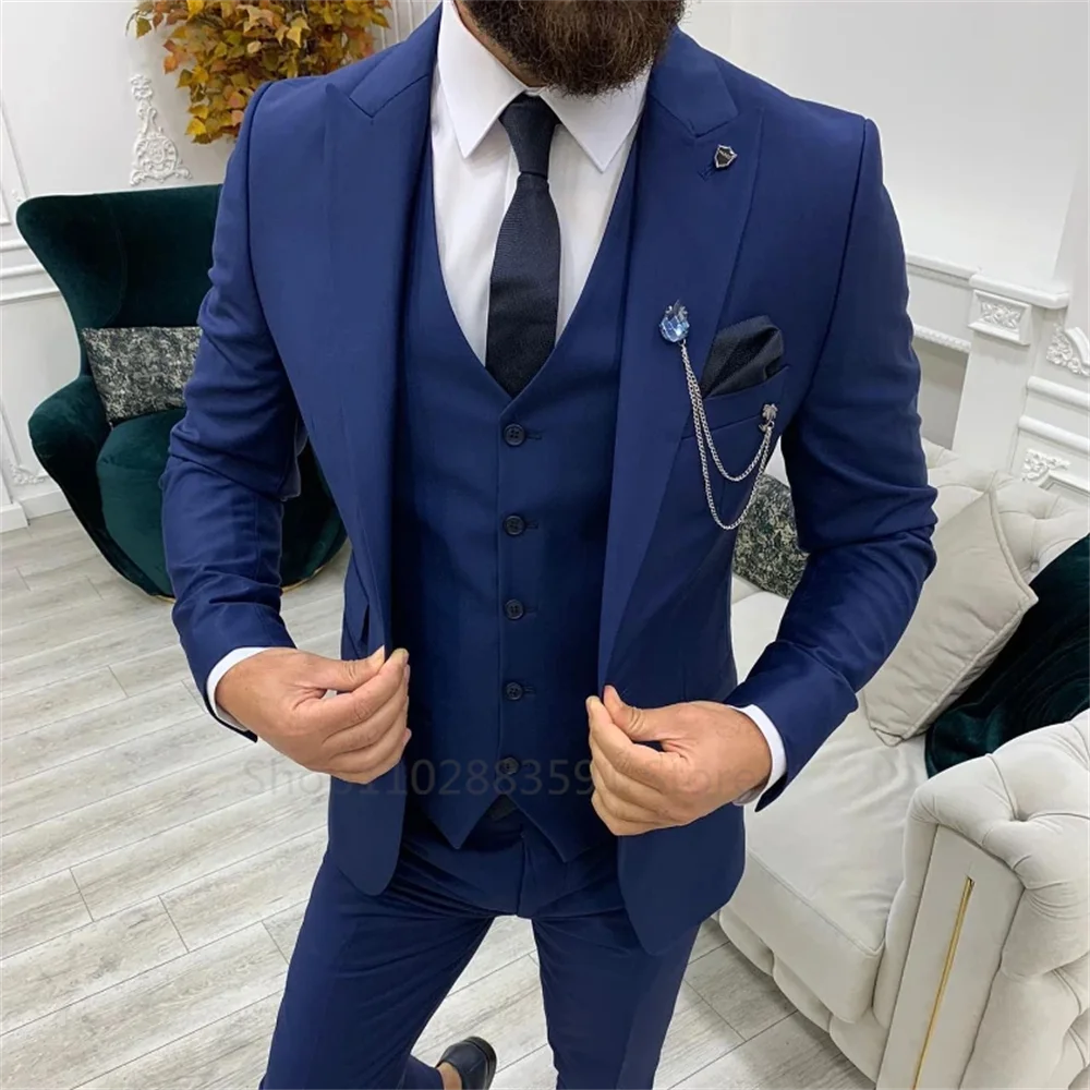 2024 New Slim Fit Men Suit Navy Wedding Tuxedos Best Man Groom Formal Dinner Prom Male Clothing 3 Piece (Blazer+Vest+Pants)