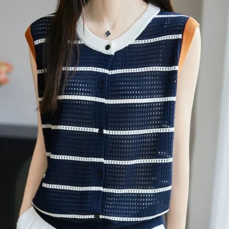 Women Striped Knit Sleeveless Blouse with Button Front and Round Neck Lightweight Casual Summer Top